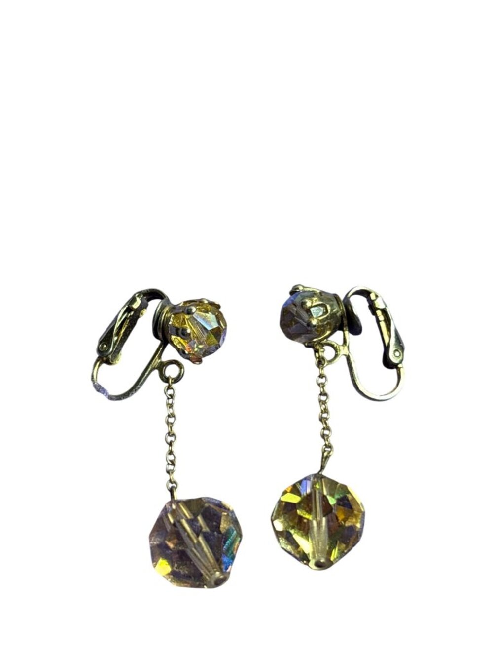 Vtg Faceted Glass Bead Clip On Earrings Champagne AB Aurora Borealis Goldtone